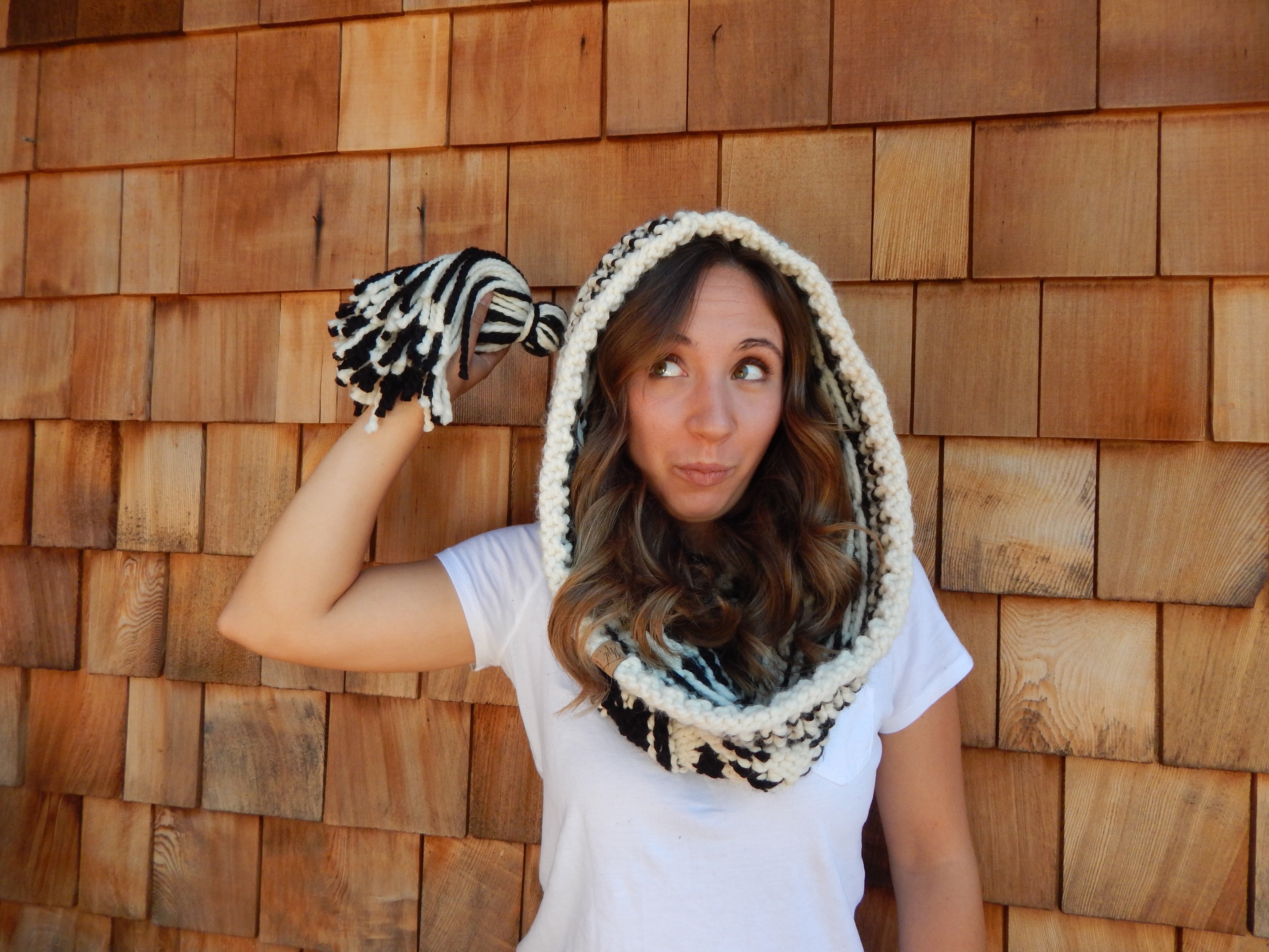 Hooded Cowl with Tassel in Black and Cream
