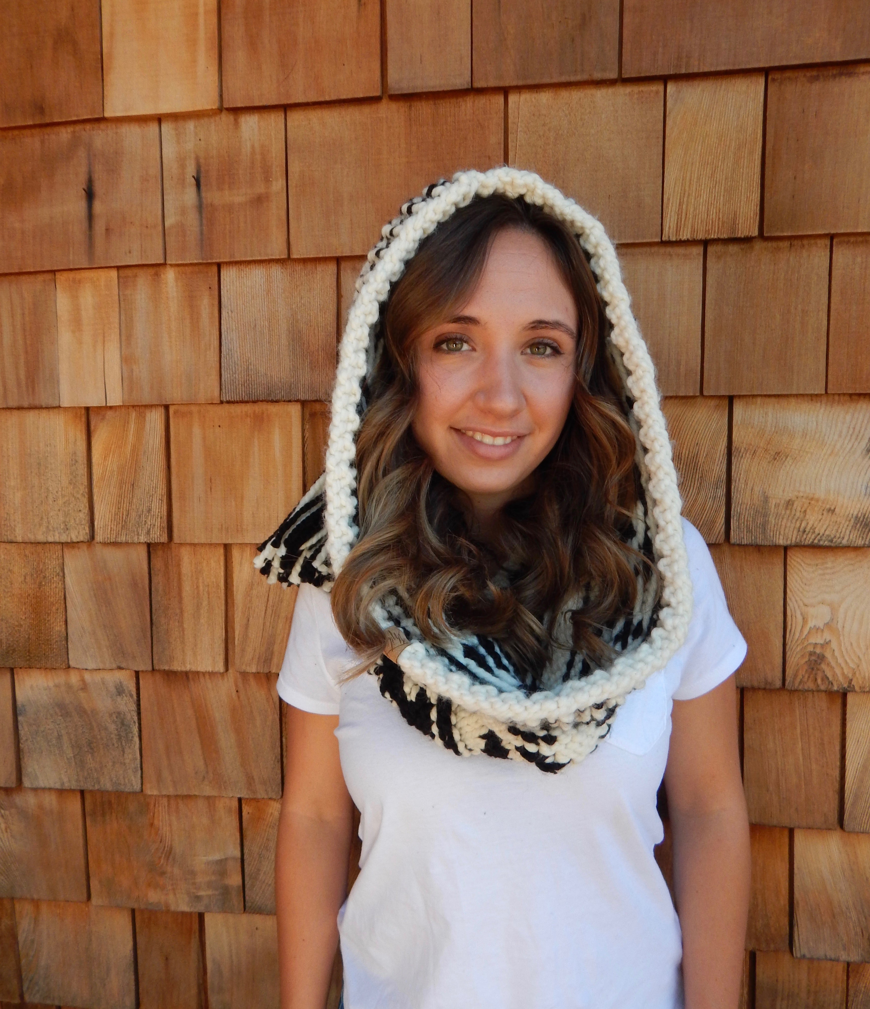Hooded Cowl with Tassel in Black and Cream